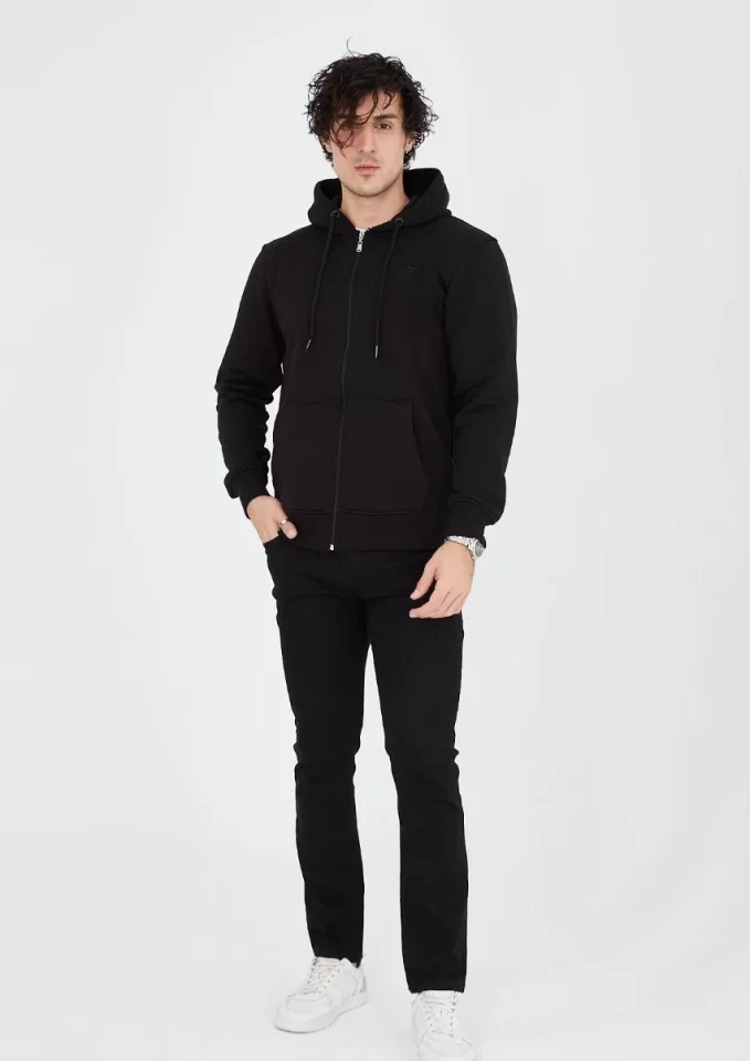 Unisex Tam Fermuarlı Kapşonlu SweatShirt - Siyah