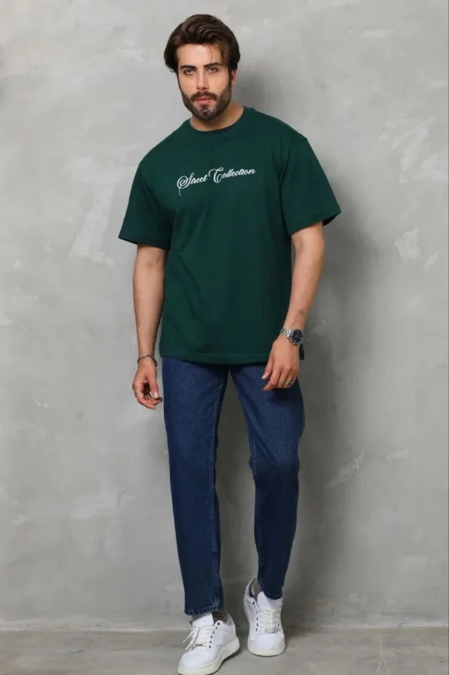 Erkek Baskılı T-Shirt Kısa Kol Bisiklet Yaka Regular Fit Rahat Kalıp Günlük Tişört - Çağla Yeşili