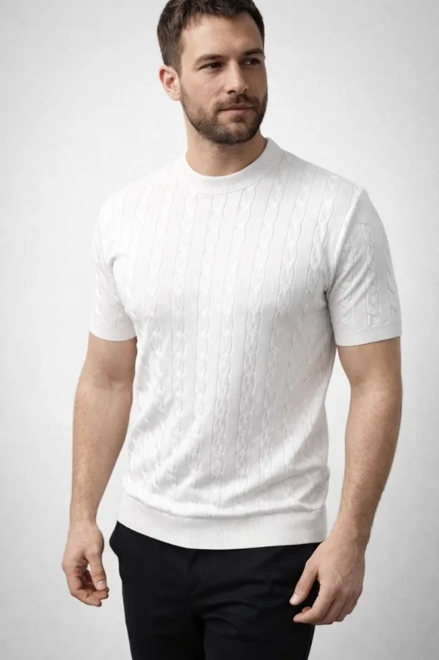 Erkek Yazlık Triko Dokuma Tişört Kısa Kol Bisiklet Yaka Örgü Desenli T-Shirt - Beyaz