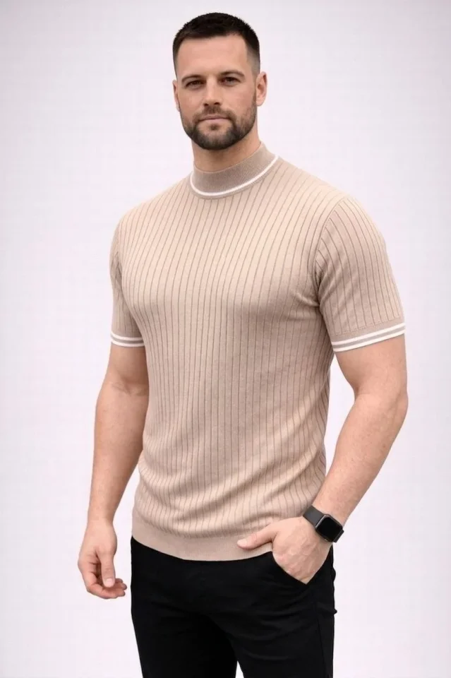 Erkek Fitilli Triko Dokuma Kısa Kol Tişört Yarım Boğaz Modern Yazlık T-Shirt - Bej