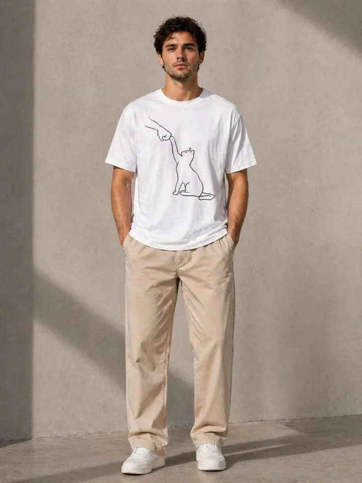 Erkek Minimal Kedi Çizim Baskılı Tişört Kısa Kol Yazlık T-Shirt - Beyaz