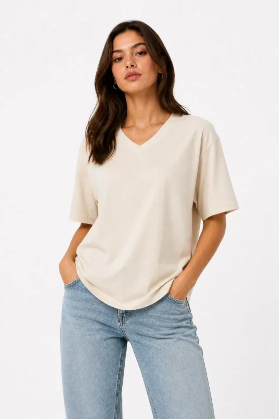 V Yaka Basic Tişört Kısa Kol Yazlık Regular Fit T-Shirt - Bej