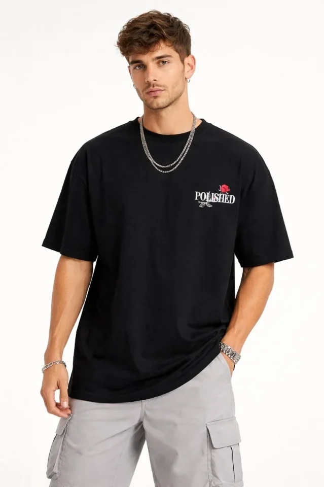 Erkek Bisiklet Yaka Baskılı Kısa Kollu Tişört Streetwear Günlük Basic Pamuklu T-shirt - Siyah