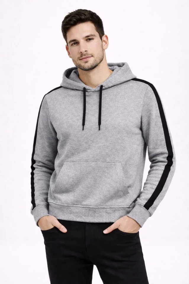 Erkek Şeritli Kapüşonlu Sweatshirt Oversize 3 Iplik Pamuklu - Gri