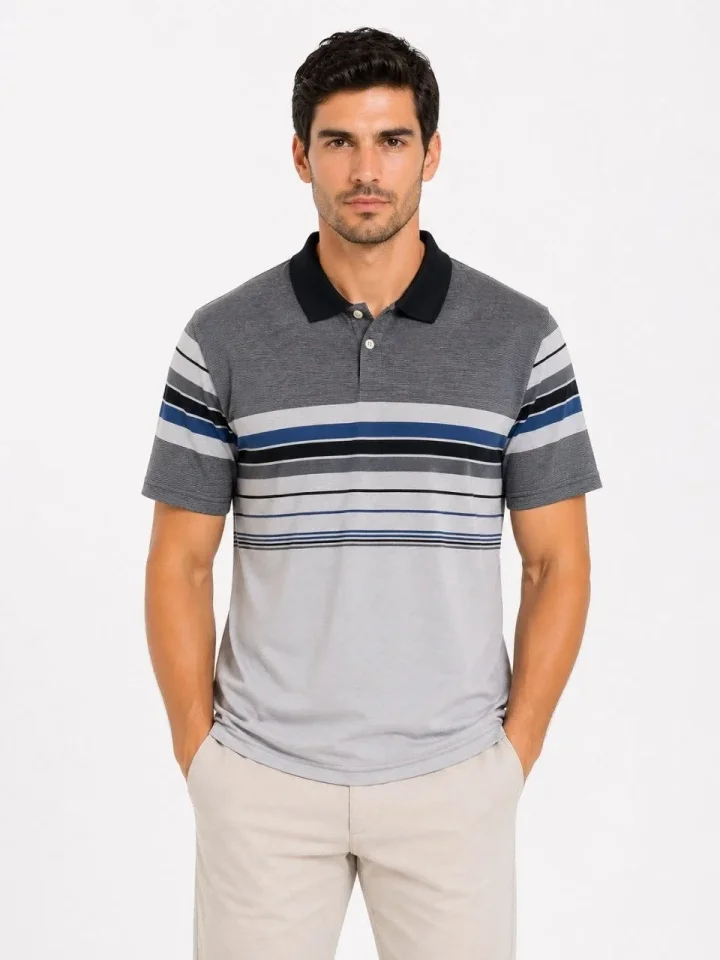 Erkek Flamlı Penye Çizgili Polo Yaka Tişört Kısa Kol Yazlık T-Shirt - Gri