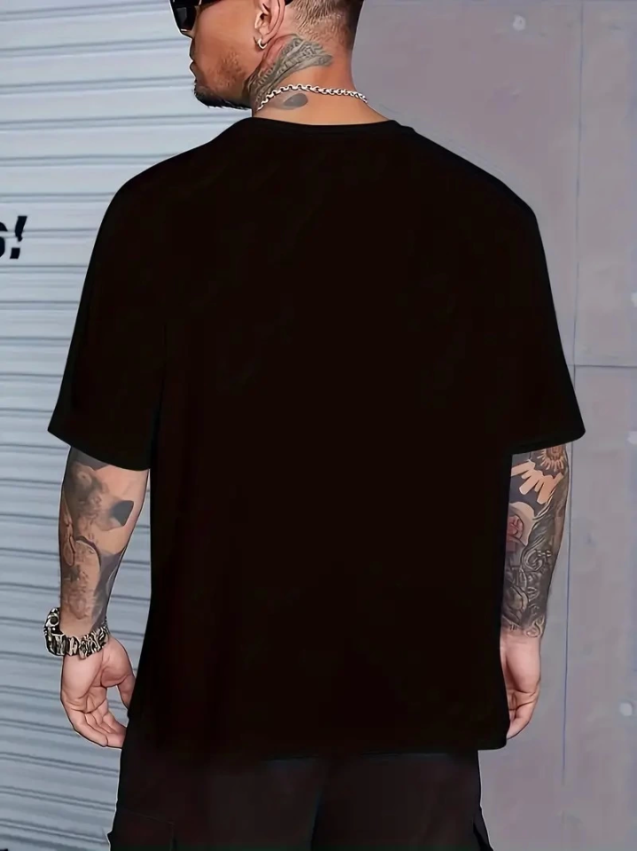Baskılı Oversize Bisiklet Yaka T-shirt - Siyah