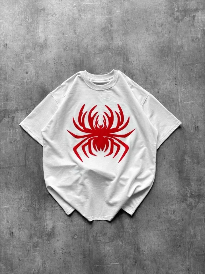 Örümcek Baskılı Tişört Kısa Kollu Bisiklet Yaka T-Shirt - Beyaz